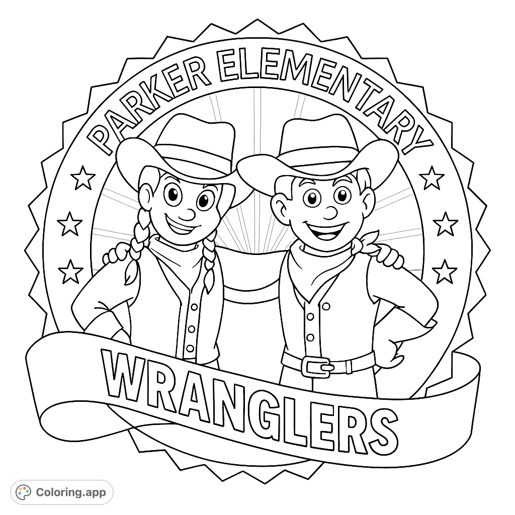 A fun cowboy and cowgirl duo in a decorative emblem, perfect for young adventurers to color. Features hats, vests, and a banner.