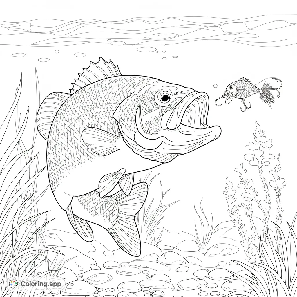 A dynamic bass lunges underwater, mouth open, chasing a detailed fishing lure amidst aquatic plants and rocky lakebed. Perfect for nature enthusiasts.