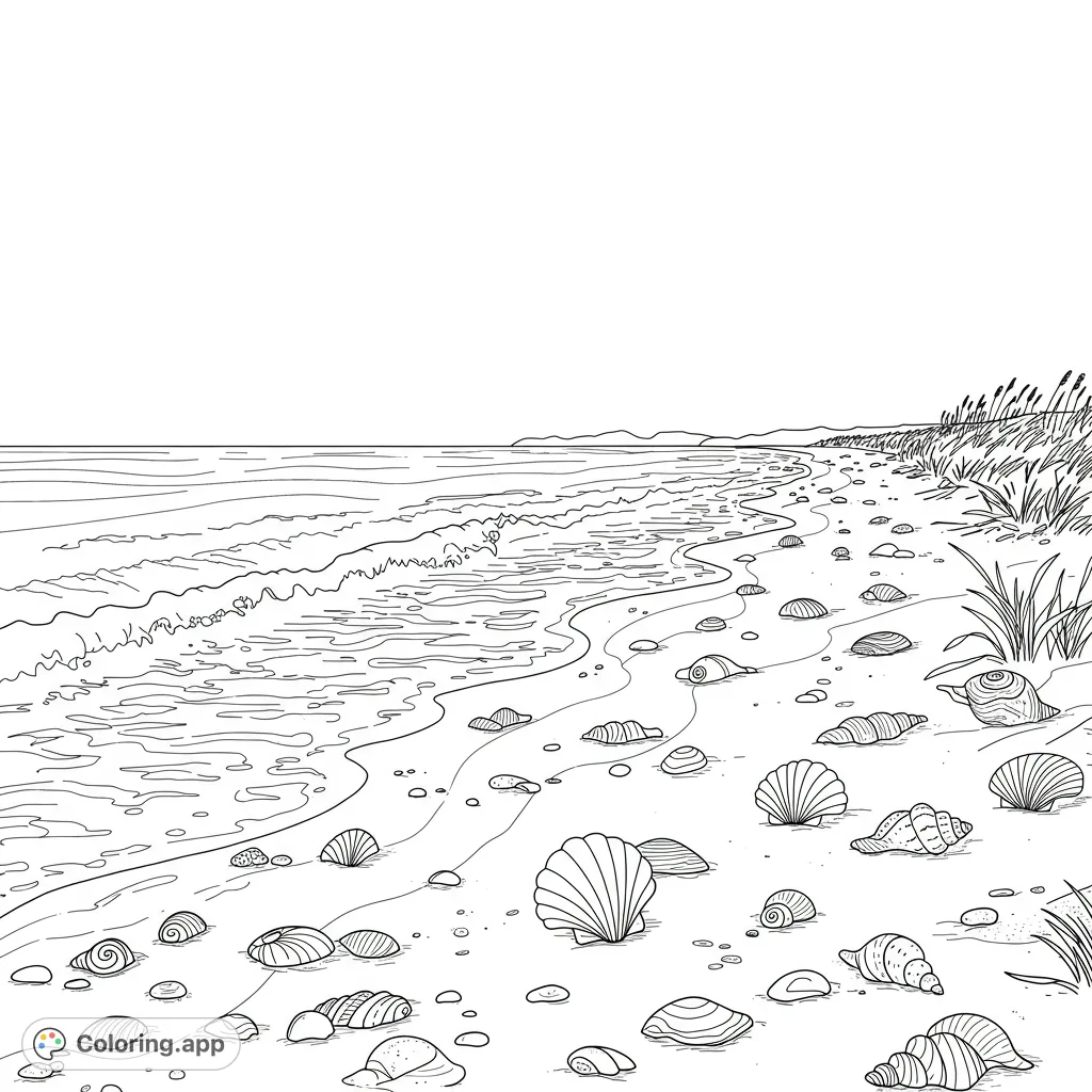 Escape to a serene, remote ocean beach with rolling waves, scattered shells, and natural beauty. A perfect free printable beach coloring page for relaxation.