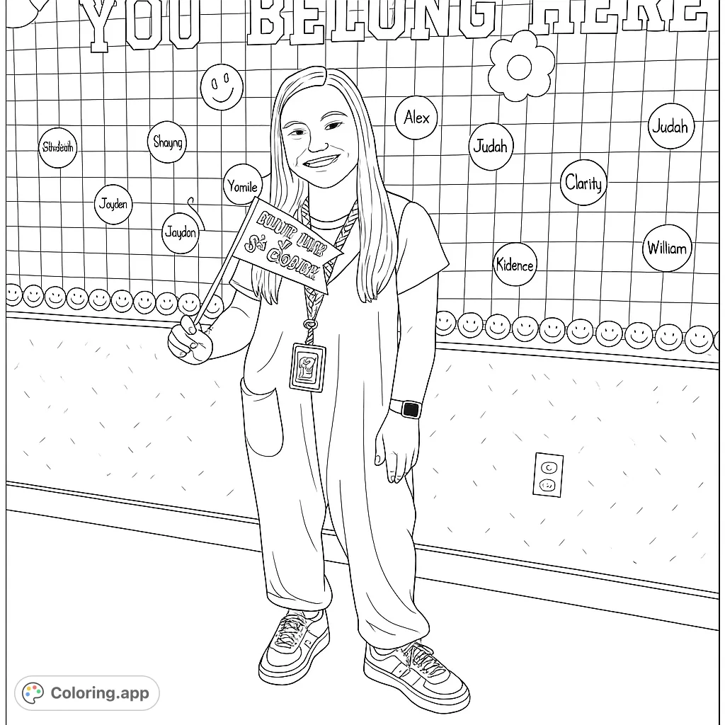 Celebrate new beginnings with this school-themed coloring page! A smiling student holds a 'First Day' flag against a welcoming bulletin board.