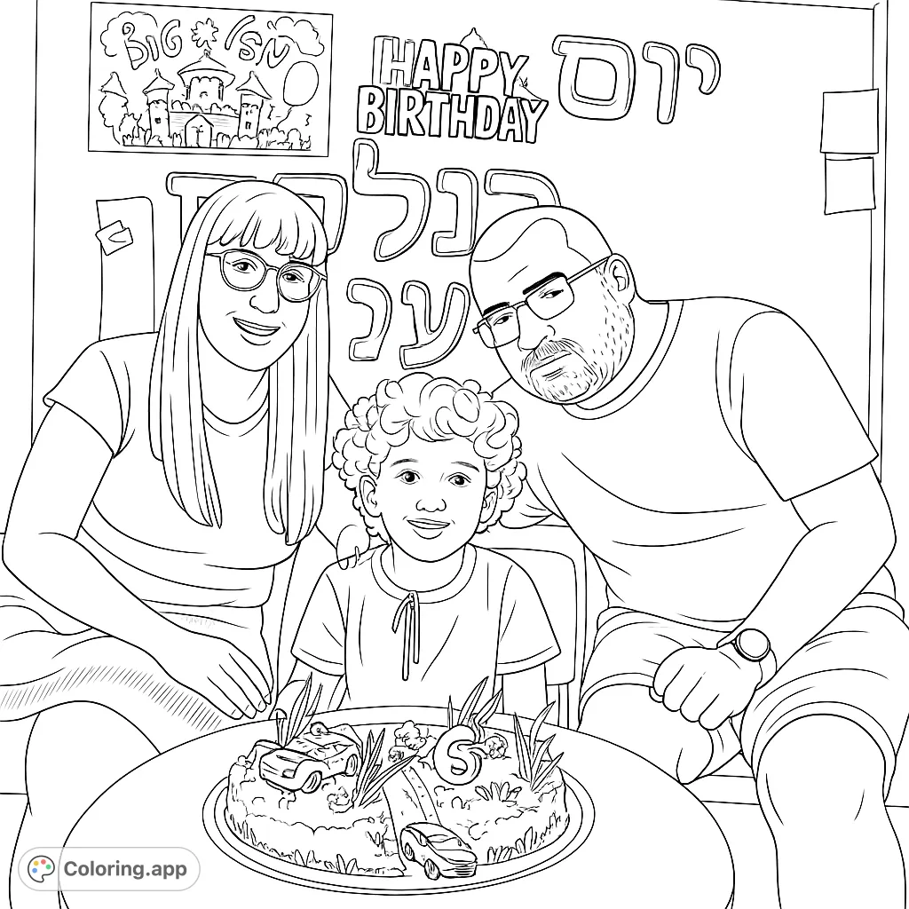 Celebrate a special day with this family birthday portrait coloring page. Features a child, parents, and a festive cake, perfect for all ages.