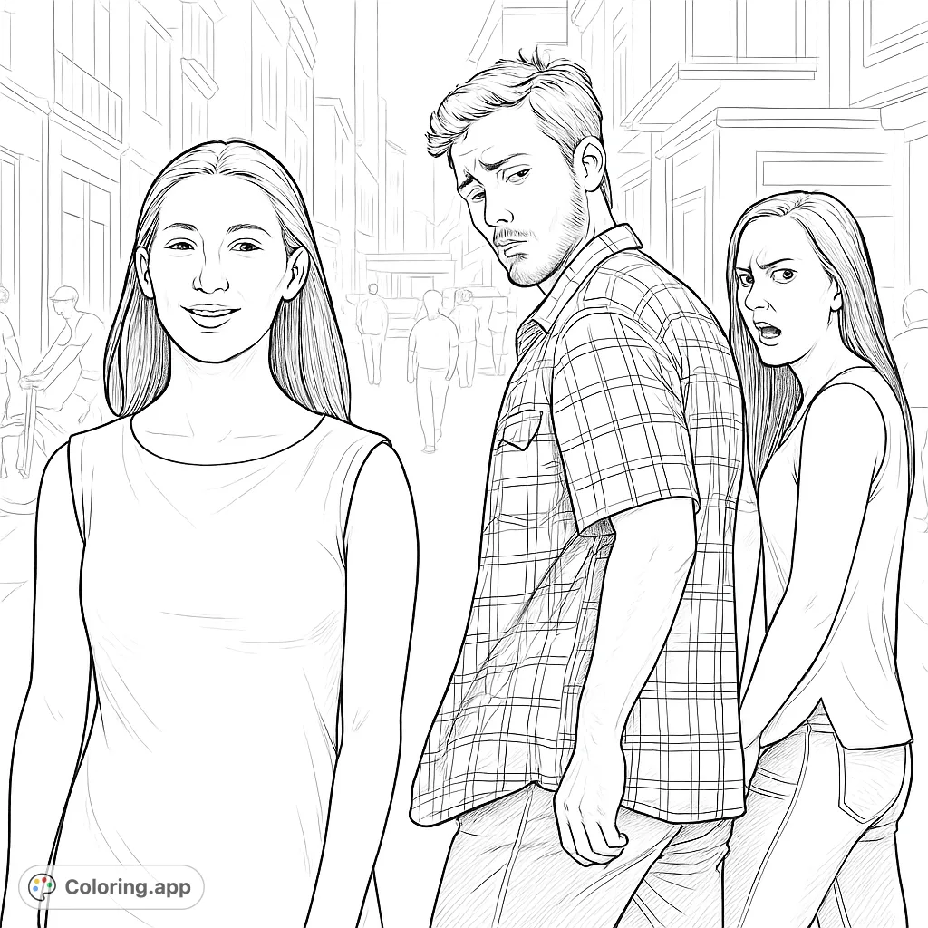 Capture a humorous street scene featuring a man's distracted glance, his companion's reaction, and a passing woman. A relatable and engaging coloring page.