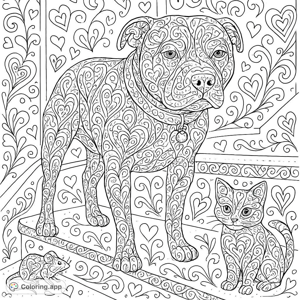A whimsical pet stair adventure featuring a charming canine and its playful companions amidst intricate heart patterns. A delightful free printable coloring page.