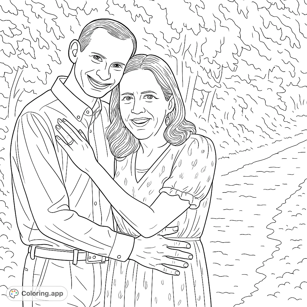 Capture a loving couple in a serene outdoor setting. This free printable relationship coloring page offers a heartwarming scene for all ages to enjoy.