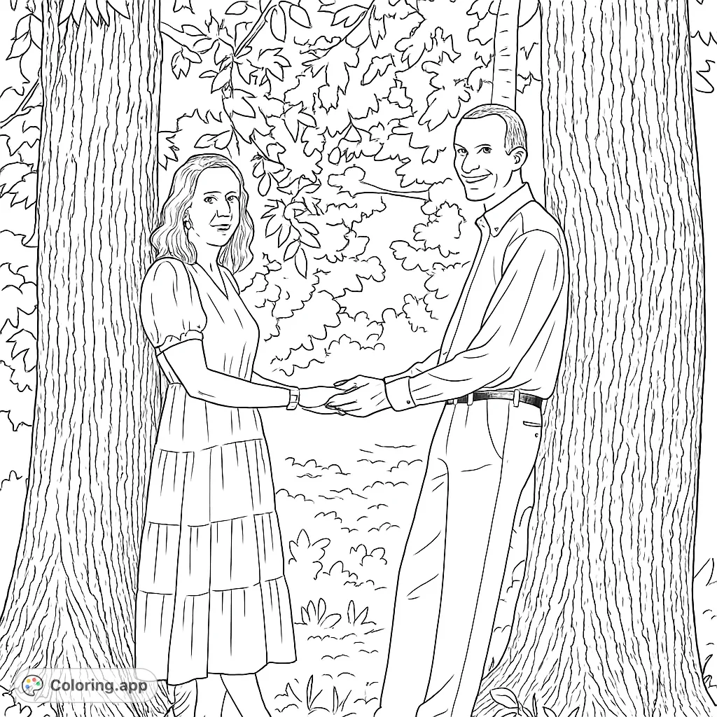 Color a serene scene of a couple holding hands amidst lush trees. A detailed nature-themed coloring page for relaxation and creativity.