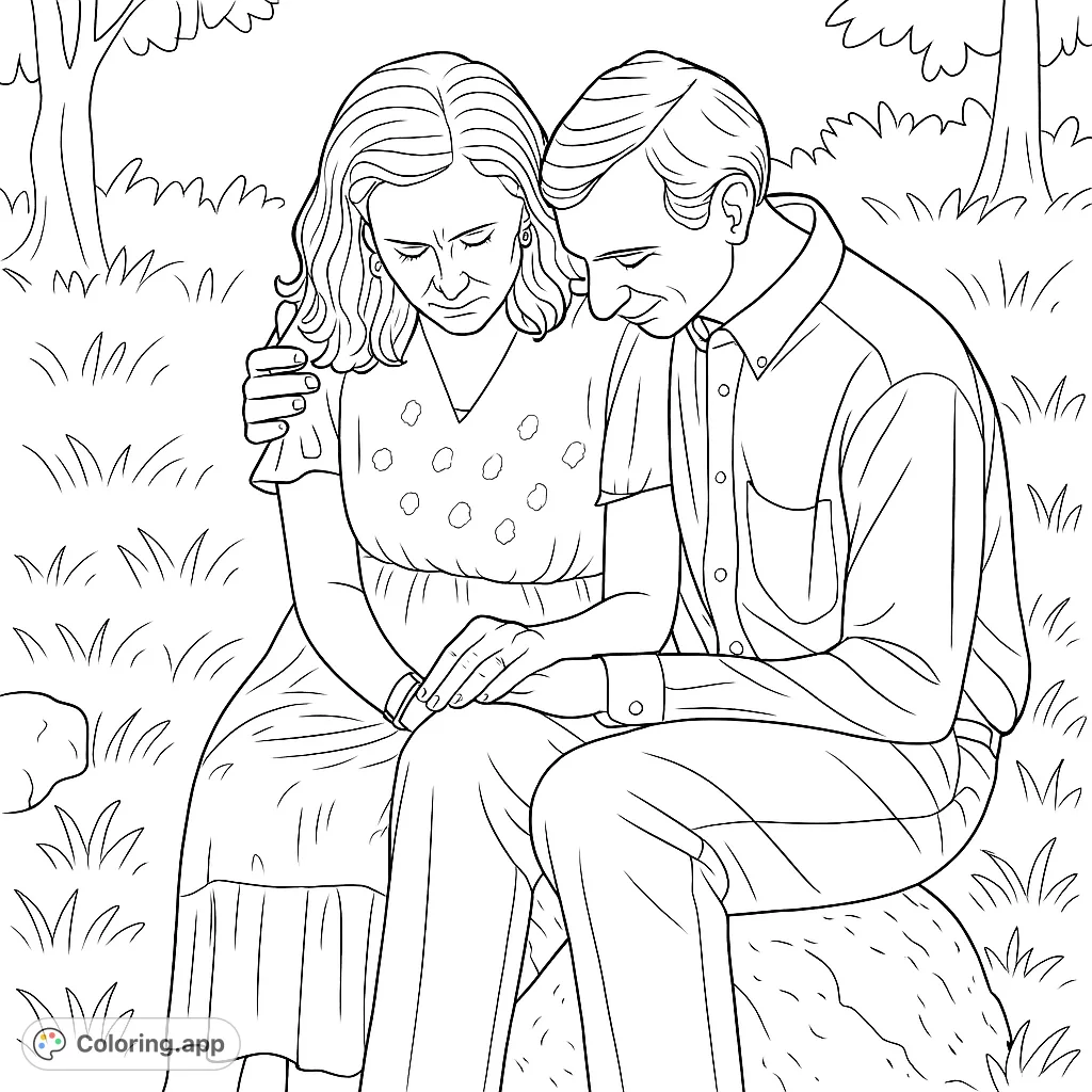 Capture a serene outdoor scene of a couple seated together, sharing a quiet moment. Perfect for expressing connection and tranquility through your artistic touch.