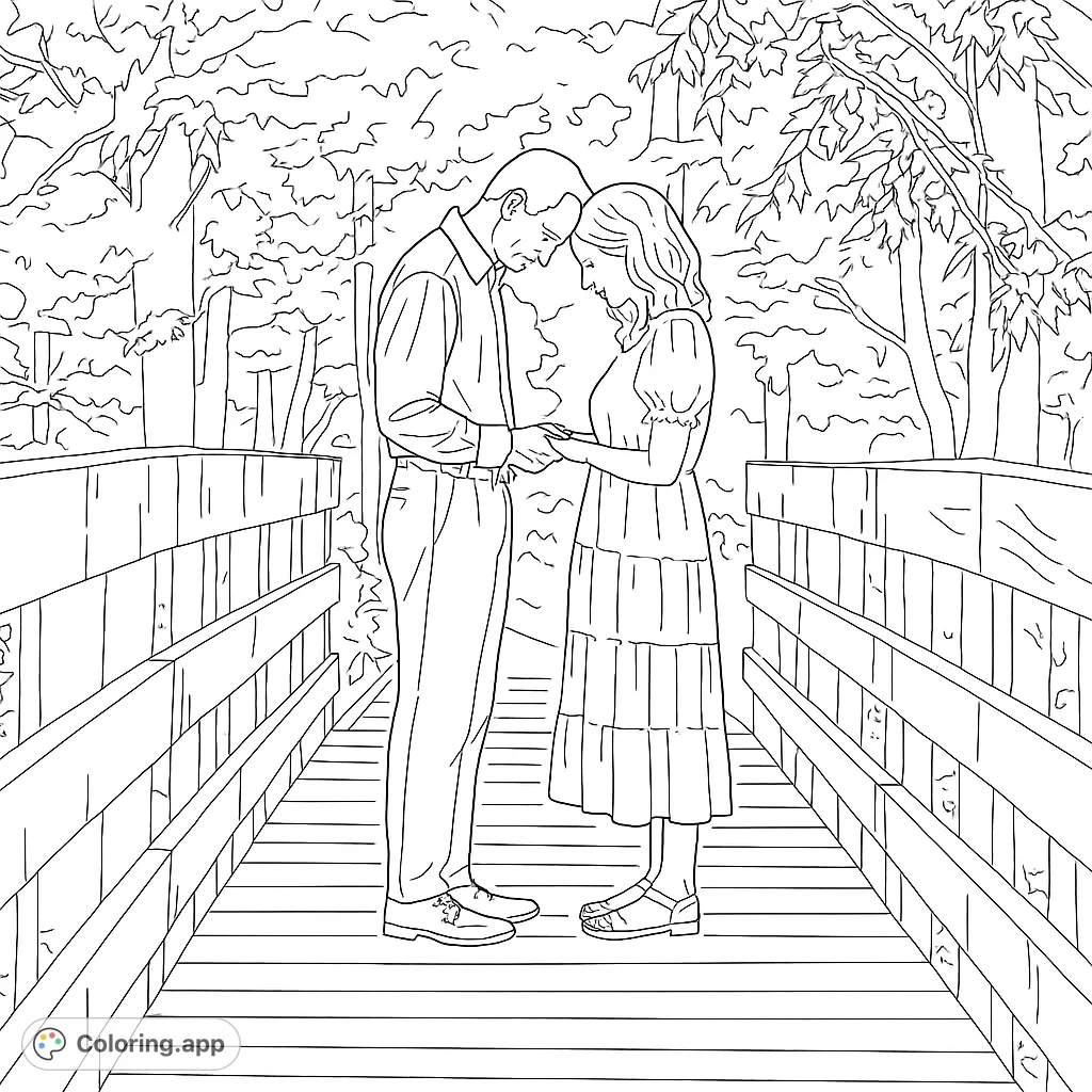 A tender moment captured on a rustic wooden bridge, featuring a couple in an intimate embrace amidst lush natural surroundings. Perfect for romantic coloring.
