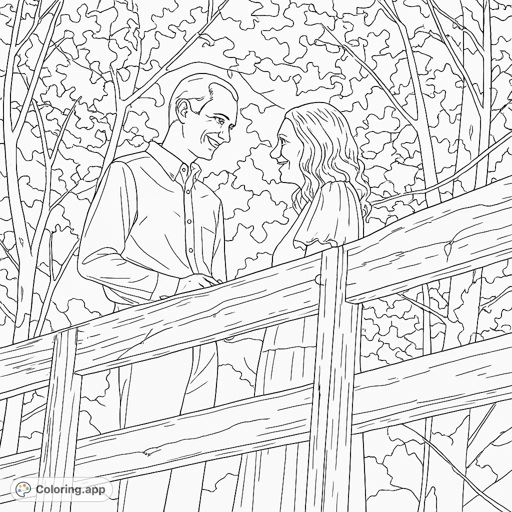 Capture a tender moment between a couple on a wooden bridge, surrounded by lush foliage. A heartwarming scene perfect for coloring.