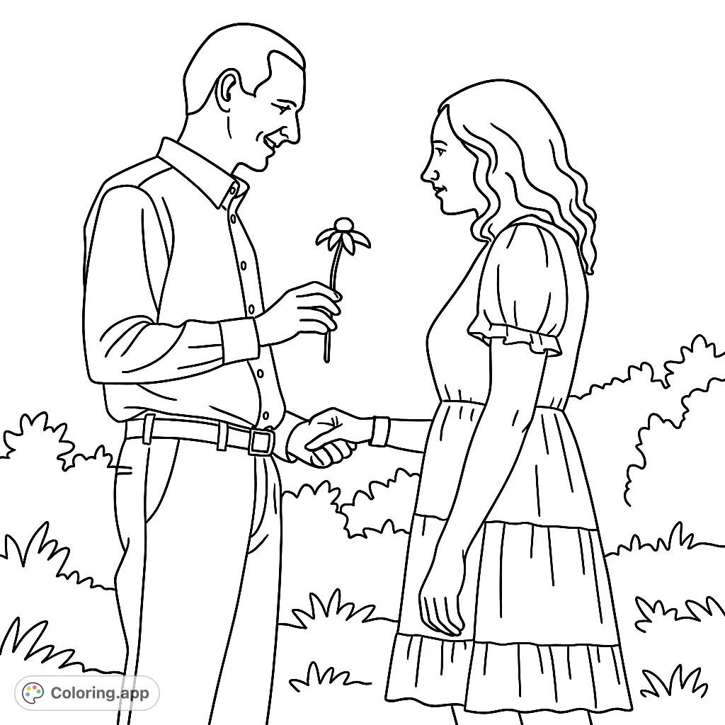 Capture a tender moment between a couple as a man offers a flower to a woman, symbolizing love and connection. A romantic scene for all ages.