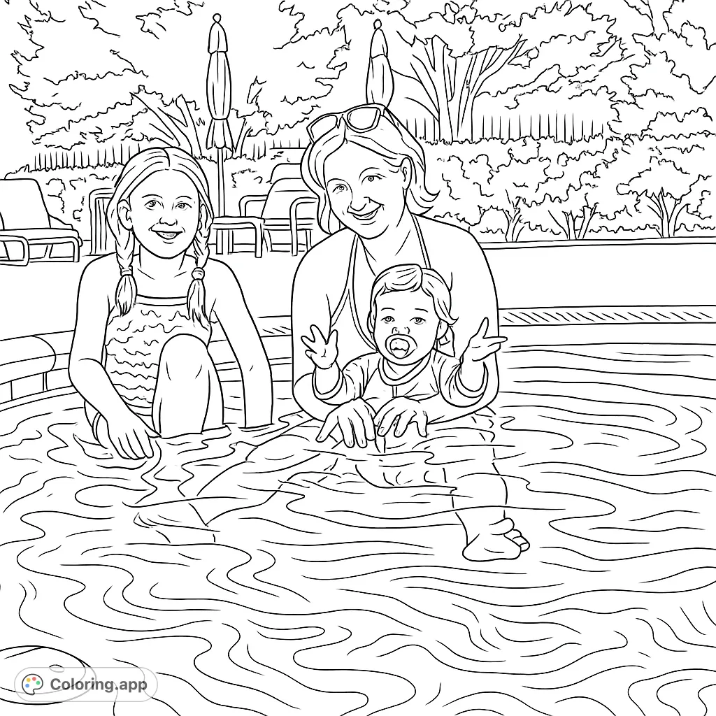 Capture a heartwarming family moment at the pool! This free printable coloring page features an adult, a child, and a baby enjoying a sunny day by the water.