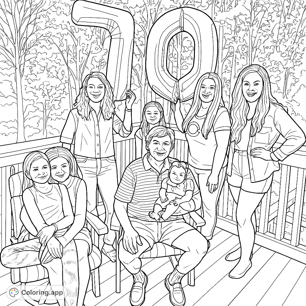 Celebrate a special milestone with this family gathering coloring page. Features a multi-generational group, including a baby and children, with large '70' balloons.
