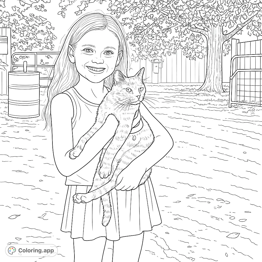 A heartwarming free printable coloring page featuring a smiling girl holding her beloved cat outdoors. Perfect for animal lovers and young artists.