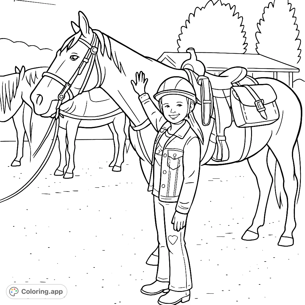 A cheerful girl with her horse, ready for an adventure. Features a saddled horse and a smiling child in a scenic outdoor setting.