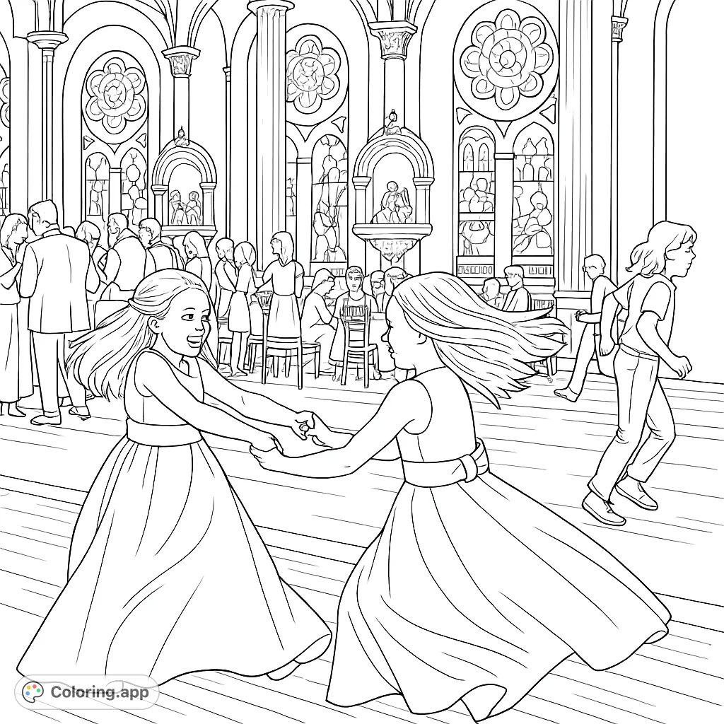 Two joyful girls spin in elegant dresses within a grand hall, featuring intricate windows and architectural details. A delightful scene for creative coloring.