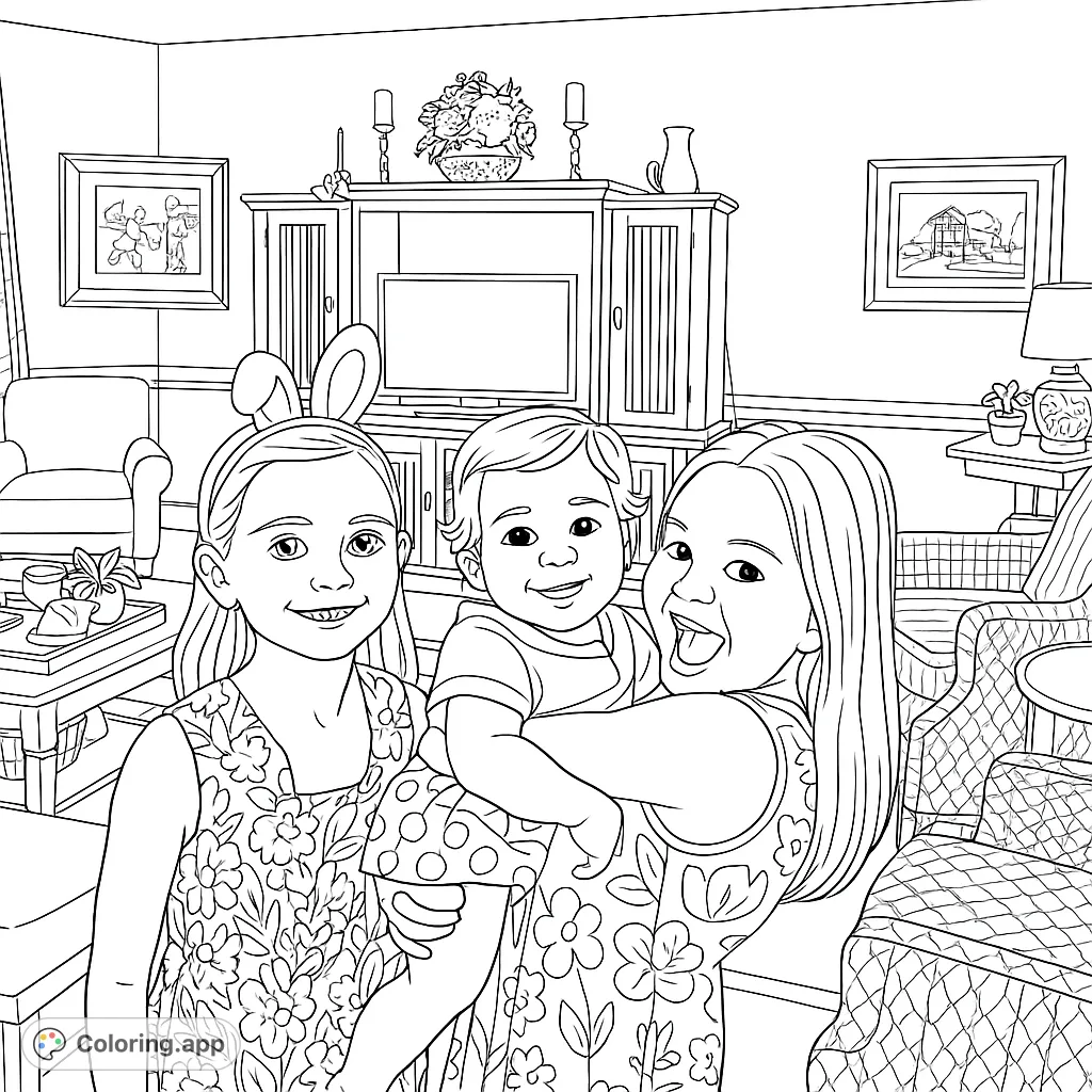 A heartwarming scene of three children, two older girls holding a baby, all smiling and laughing in a cozy living room setting.