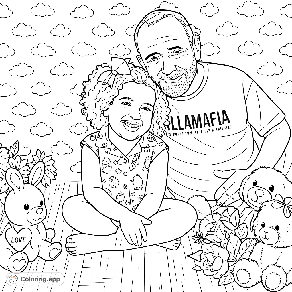 A heartwarming scene of a man and a young girl surrounded by plush toys and flowers, perfect for a joyful coloring experience.