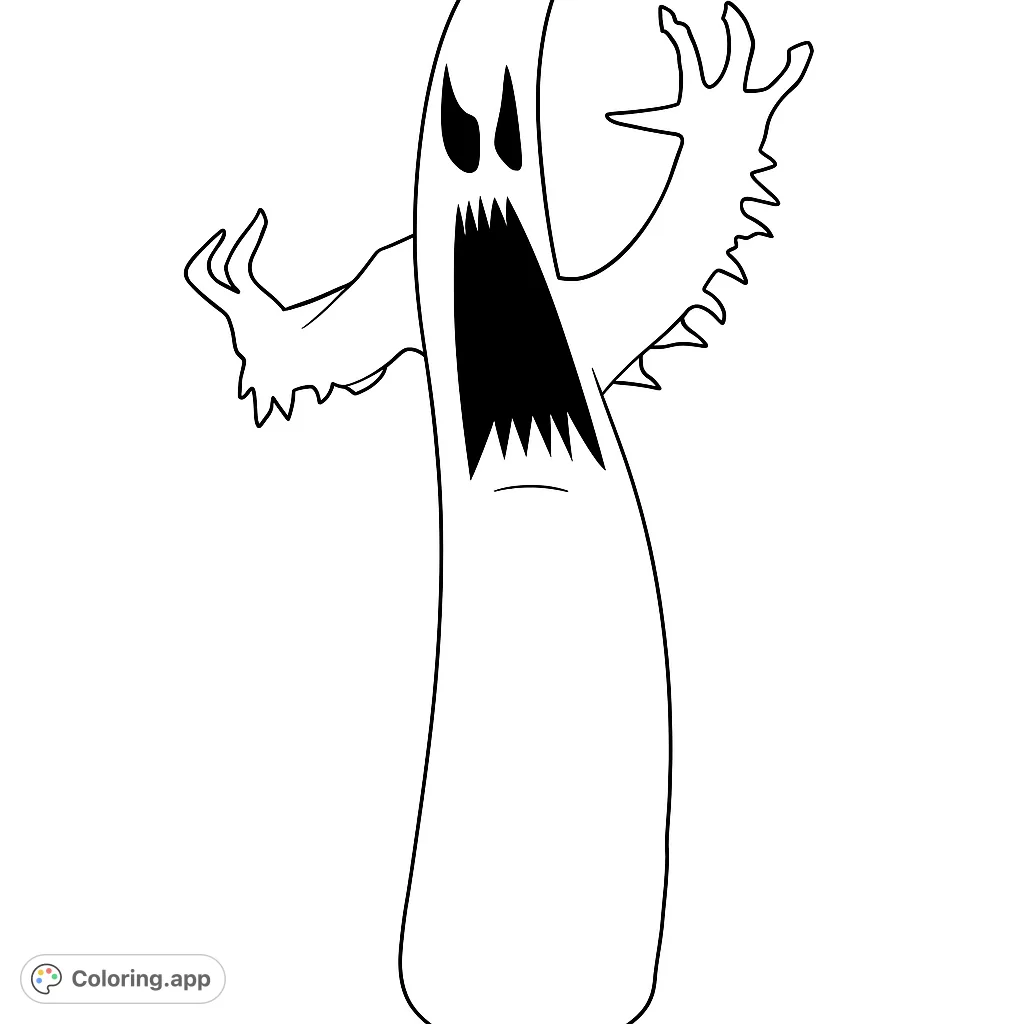 A spooky tall ghost figure with a screaming expression and clawed hands, perfect for Halloween fun and creative coloring.