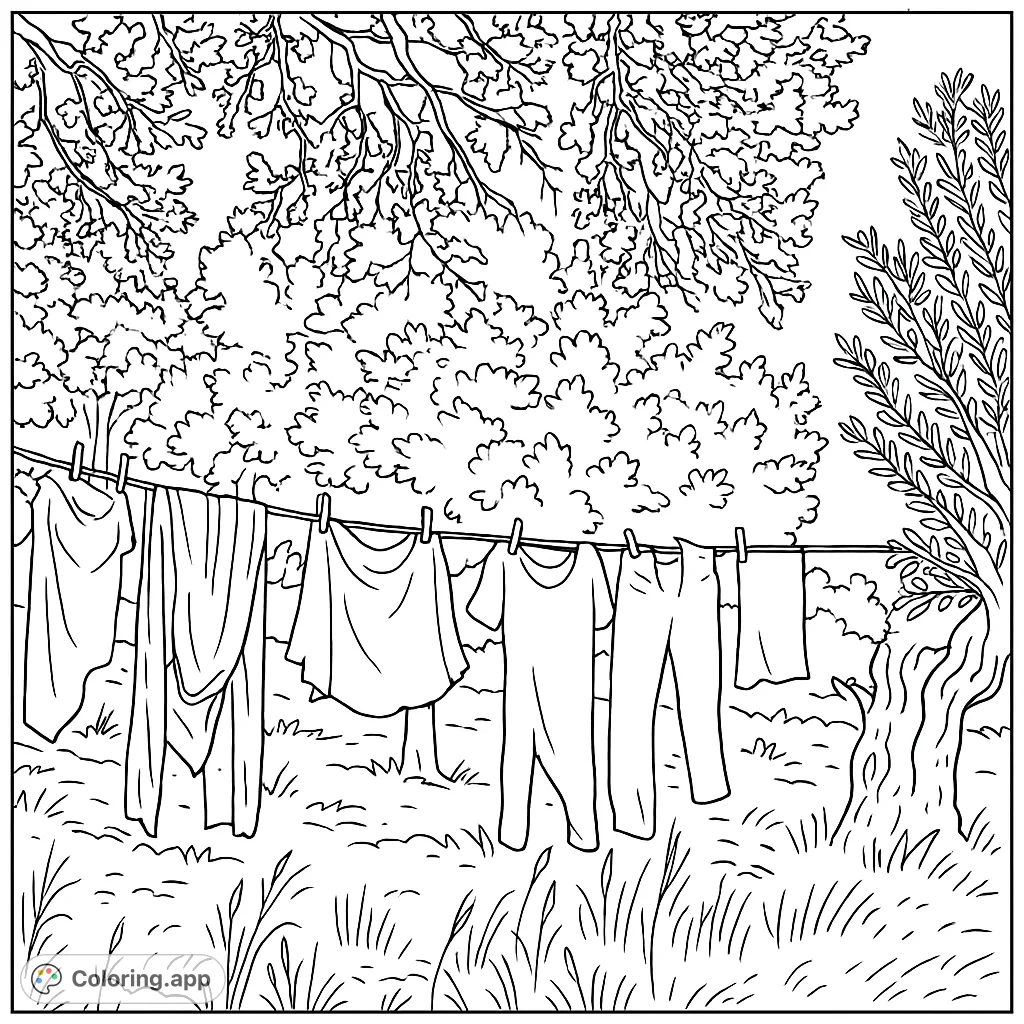 A charming outdoor scene featuring a clothesline filled with various garments drying in a lush garden setting. Perfect for a relaxing coloring experience.
