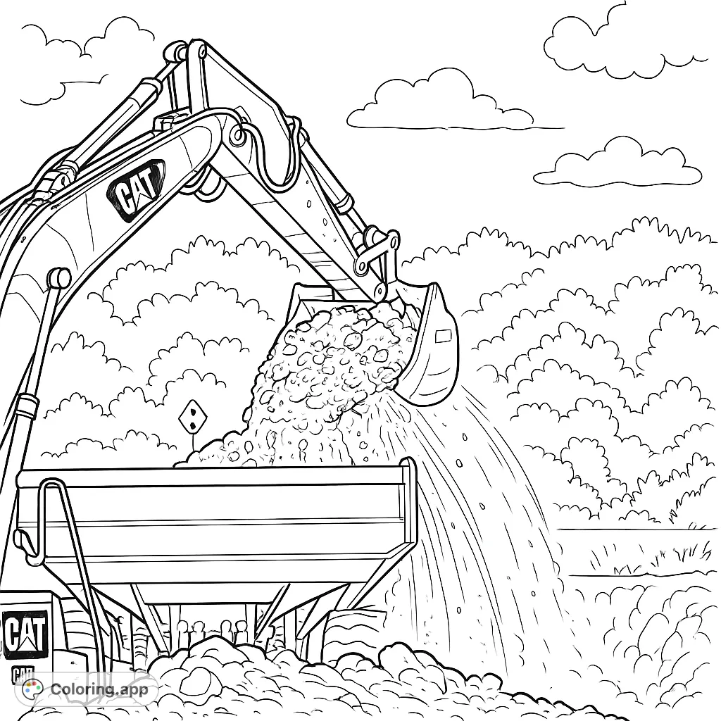 Dynamic construction scene featuring a powerful excavator dumping material into a dump truck, perfect for heavy machinery enthusiasts.