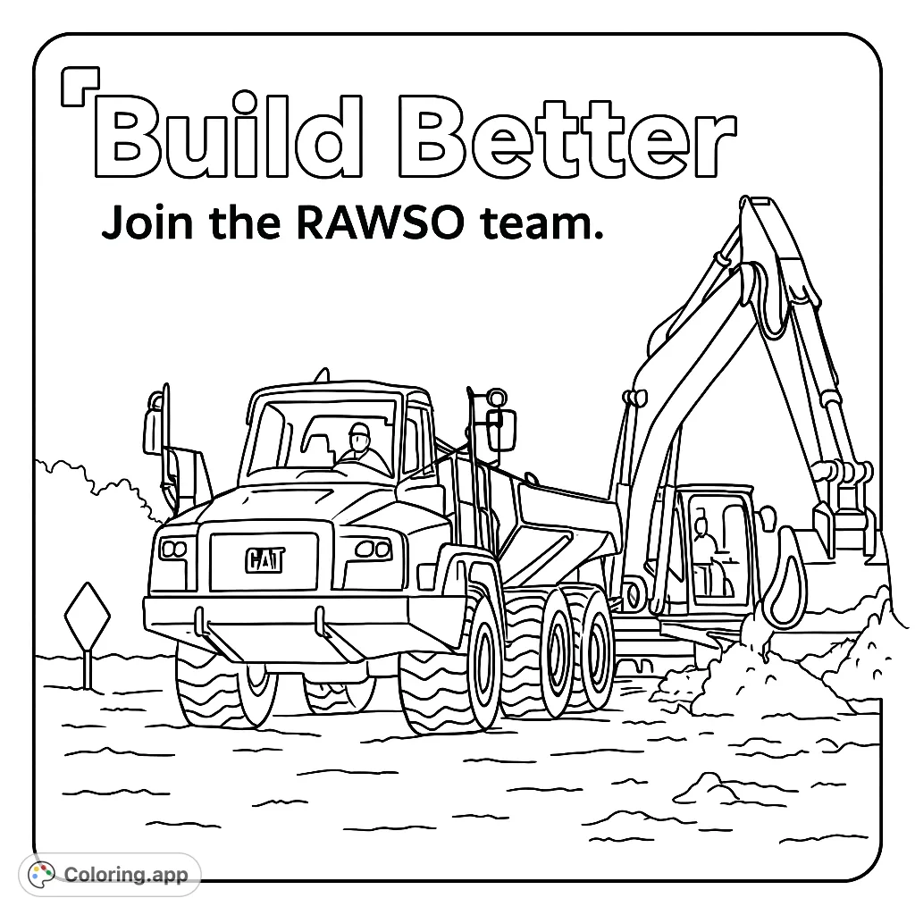 Explore a busy construction site with powerful heavy machinery, including a dump truck and excavator, ready for action.