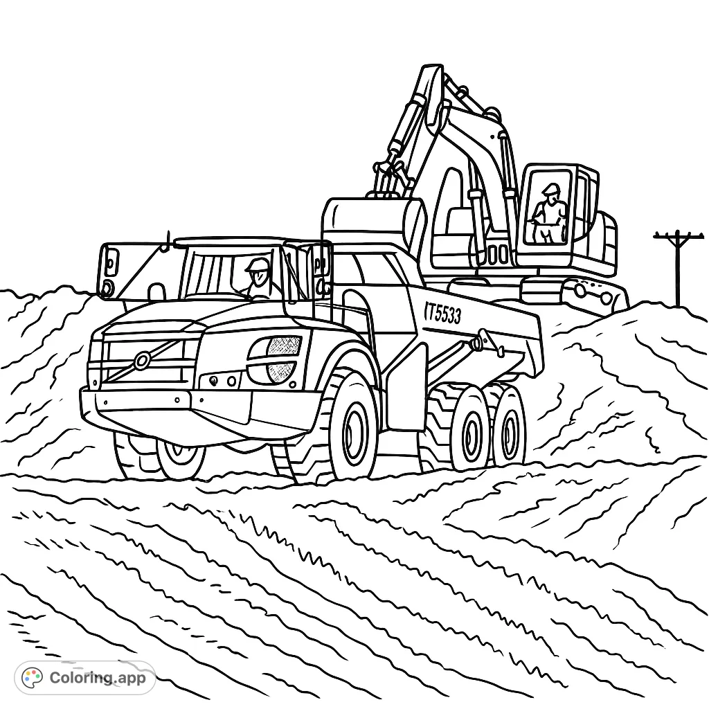 Explore a dynamic construction site with a powerful dump truck and excavator. Perfect for heavy machinery enthusiasts to color and bring to life.