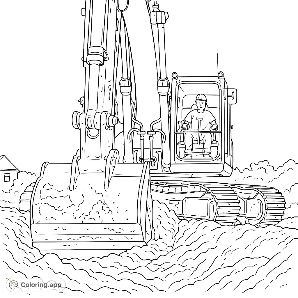 Color a powerful excavator with a detailed digging bucket and tracks, operated by a person, set against a construction site backdrop. Perfect for heavy equipment fans!
