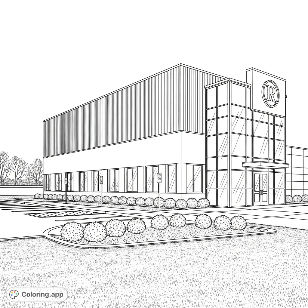 Explore a modern architectural coloring page featuring a building with corrugated texture, glass entrance, and landscaped surroundings. Perfect for urban design enthusiasts.