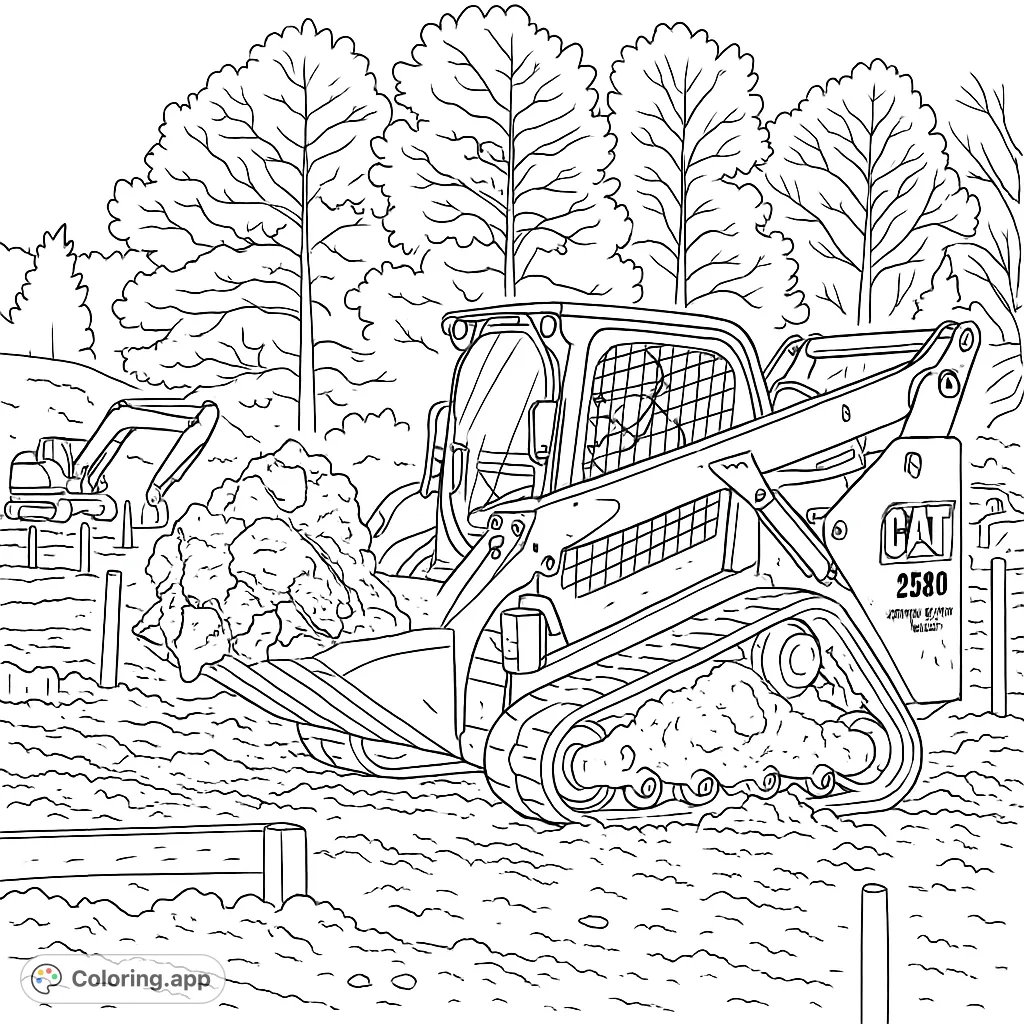 A powerful skid steer loader moves earth on a busy construction site, perfect for heavy machinery enthusiasts. This free printable construction coloring page offers detailed fun.