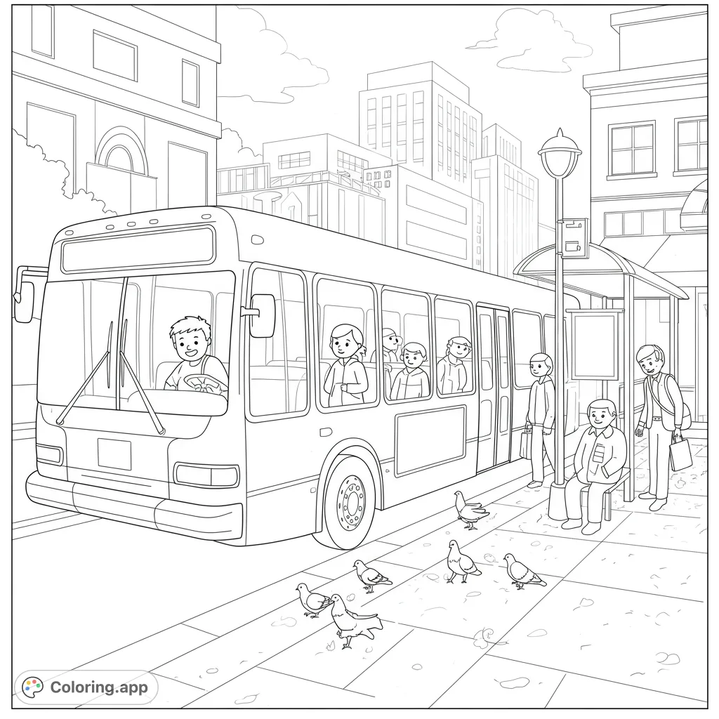 Explore a lively city bus stop scene with a detailed public transit bus, diverse passengers, and urban elements, perfect for a detailed coloring adventure.
