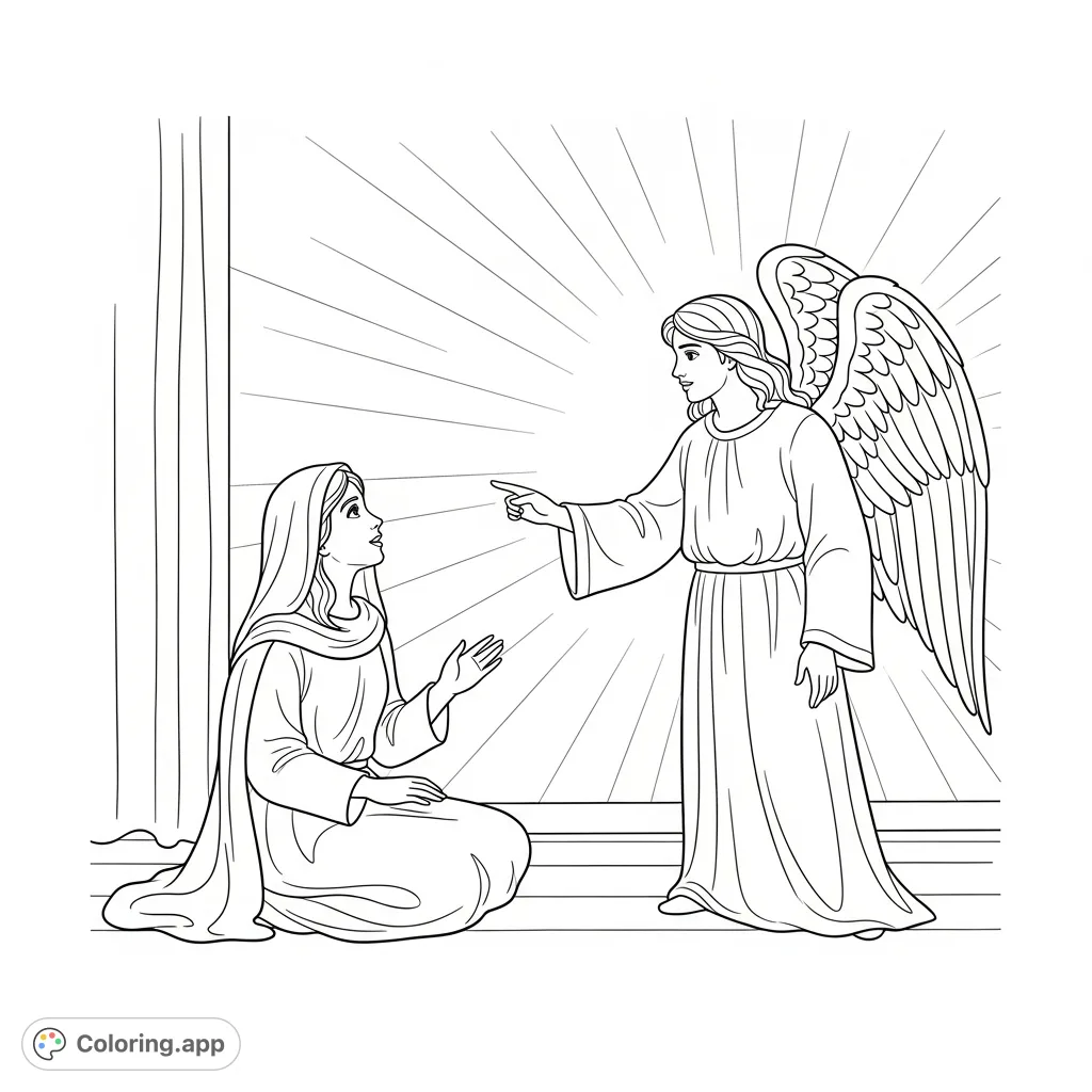 A simple Annunciation coloring page depicting young Mary and a winged angel in her home, with radiating lines in the background. Perfect for kids.