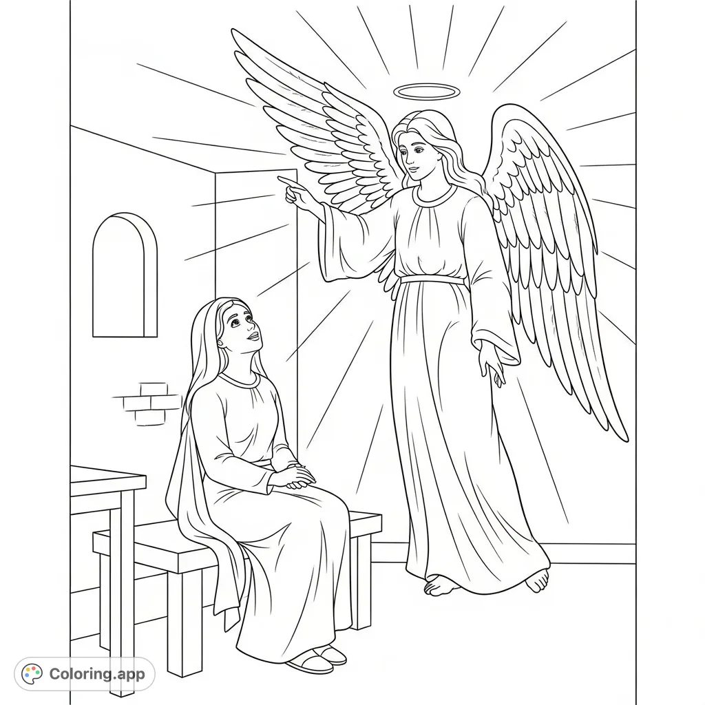 Experience the Annunciation with this free printable coloring page featuring young Mary and a majestic angel, perfect for quiet reflection.