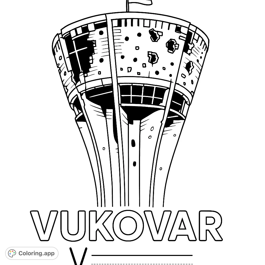 Color the iconic Vukovar Water Tower, a symbol of resilience, featuring intricate damage details, a flag, and an added "Vukovar" word for coloring and "V" tracing.