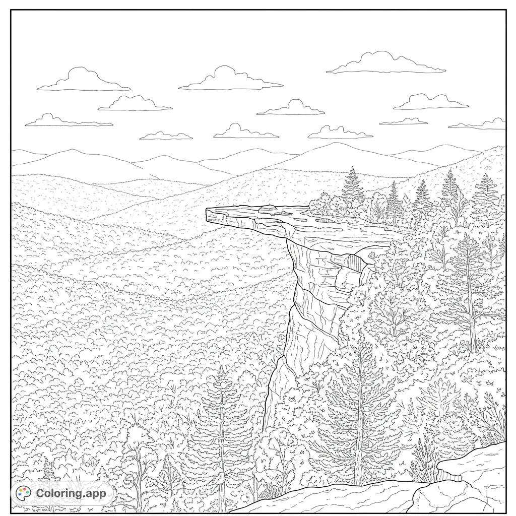 Detailed McAfee Knob coloring page featuring the iconic rock outcrop, winding Appalachian Trail, and panoramic mountain views.