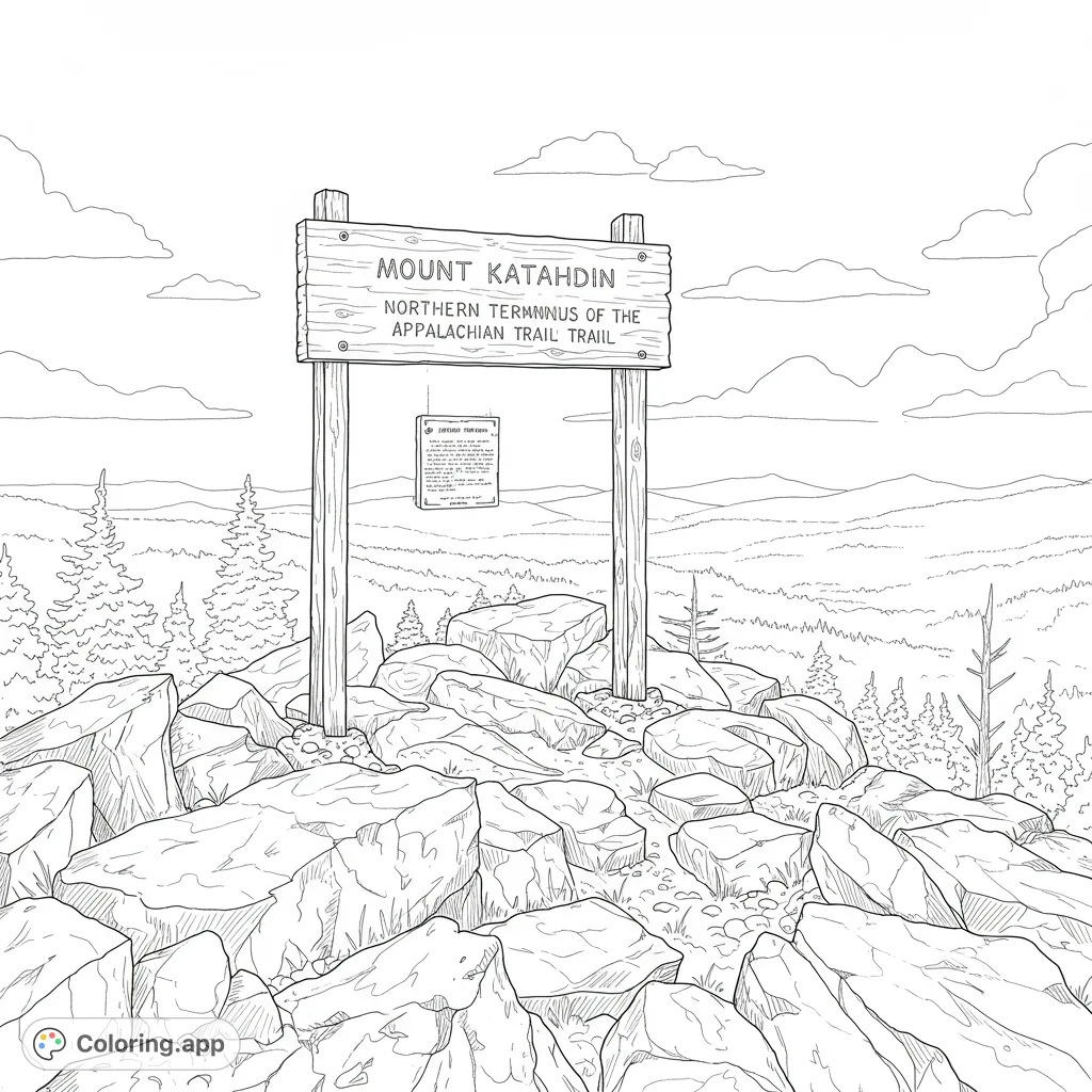 Capture the iconic Mount Katahdin summit sign, marking the Appalachian Trail's end. A detailed free printable hiking coloring page for nature lovers.
