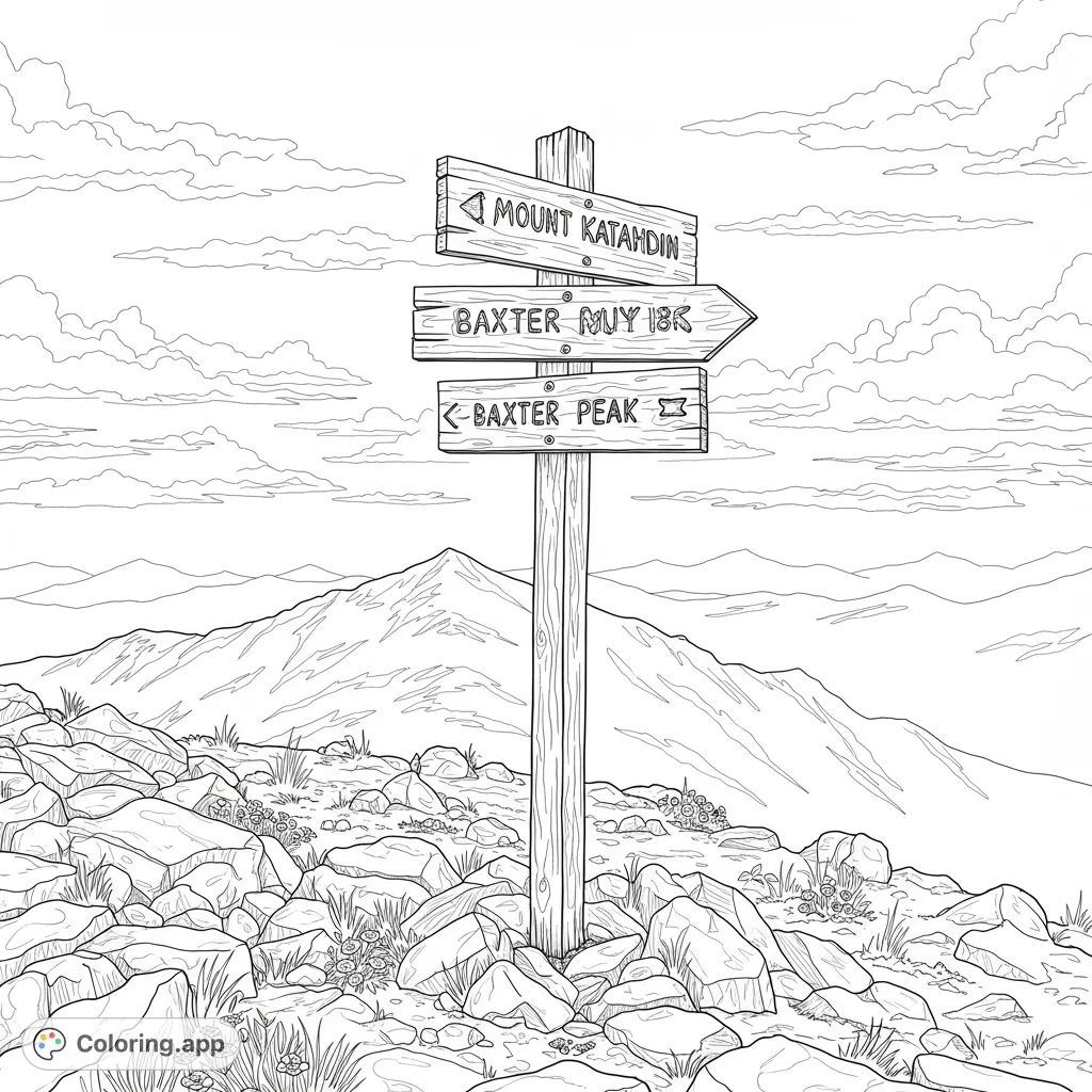 Explore the majestic Mount Katahdin summit with this detailed coloring page featuring the iconic signpost amidst rugged rocks and distant peaks. A challenging nature scene.