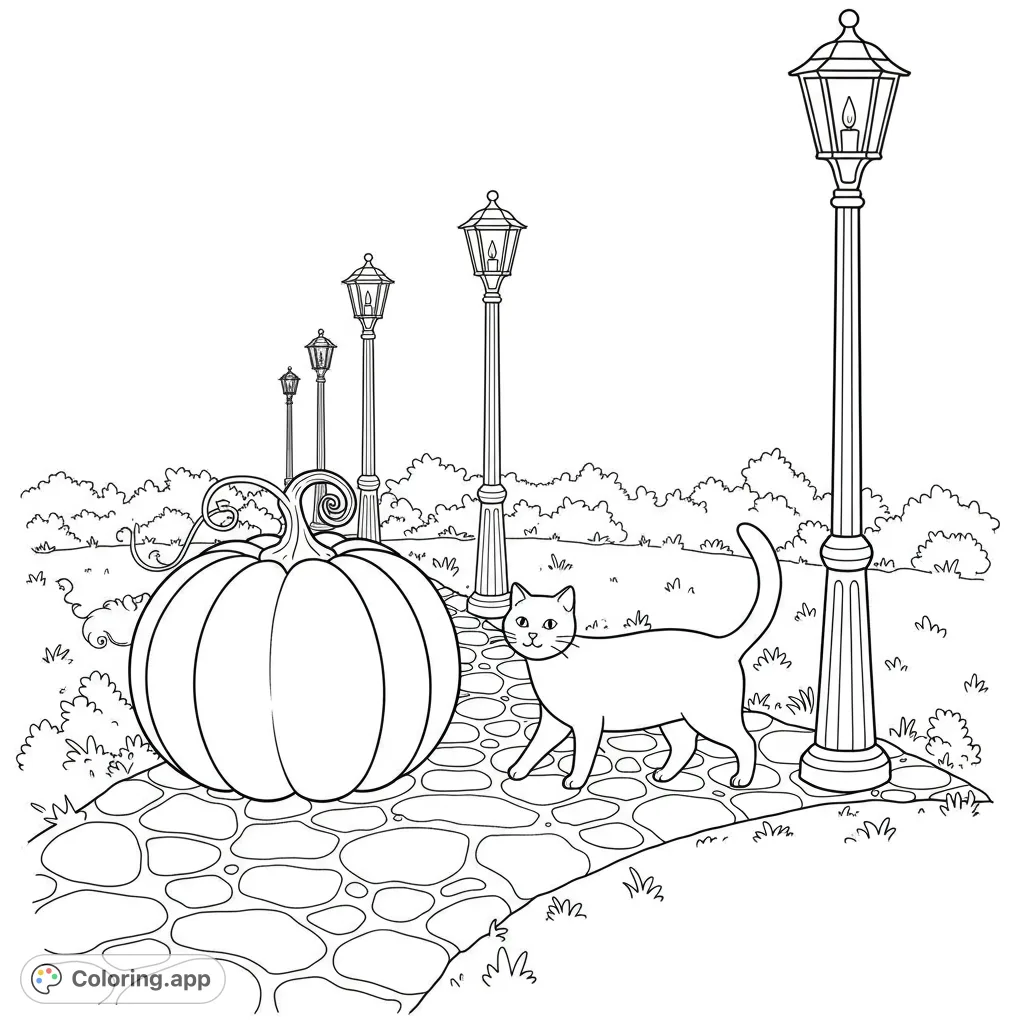 A charming Halloween coloring page featuring a pumpkin and a cat strolling down a cobblestone lane lined with old lampposts. Perfect for autumn fun!