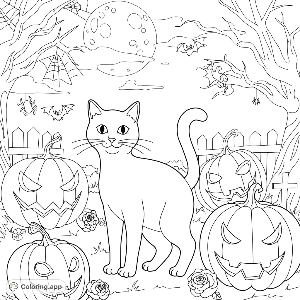 A charming Halloween cat amidst grinning jack-o'-lanterns and fluttering bats, perfect for a spooky and fun coloring adventure.