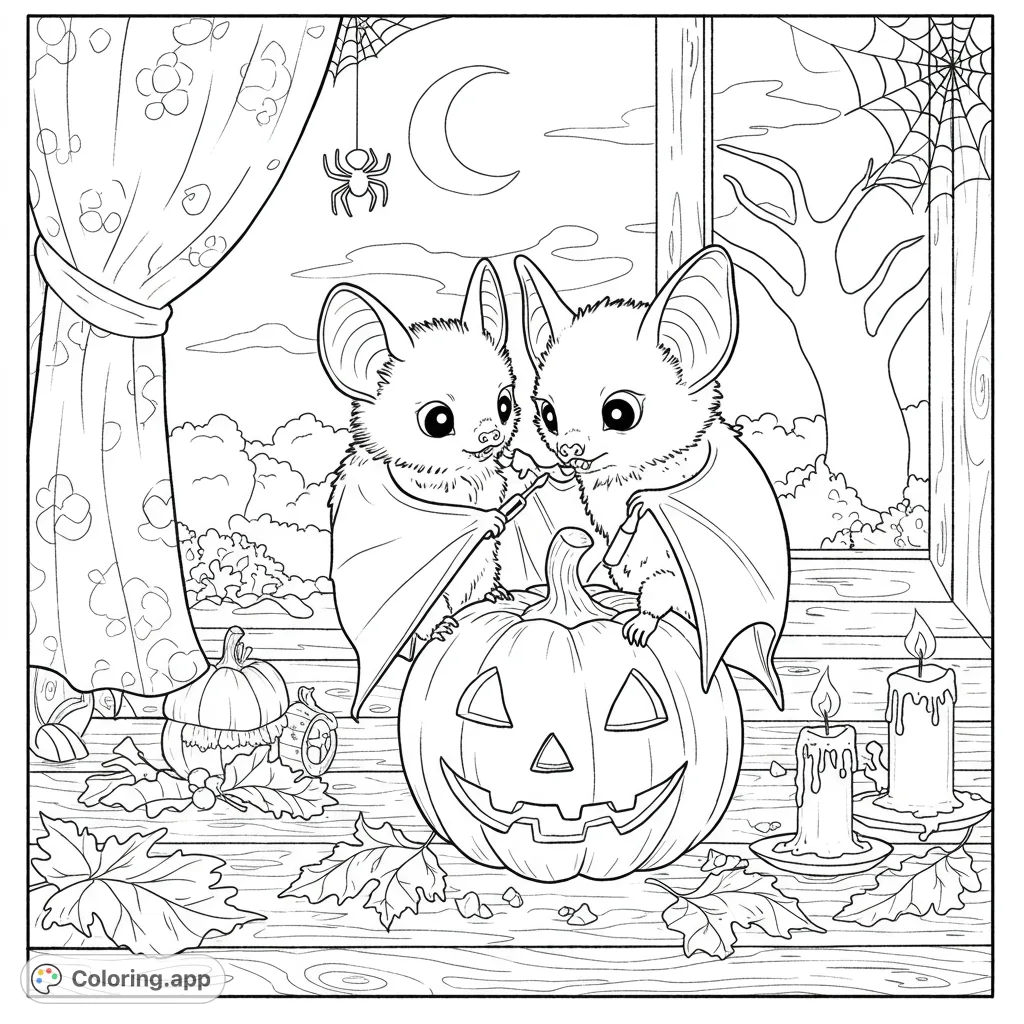 A charming bat meticulously carves a miniature jack-o'-lantern on a rustic table, surrounded by autumn leaves and a moonlit spooky night scene. Perfect for Halloween fun!