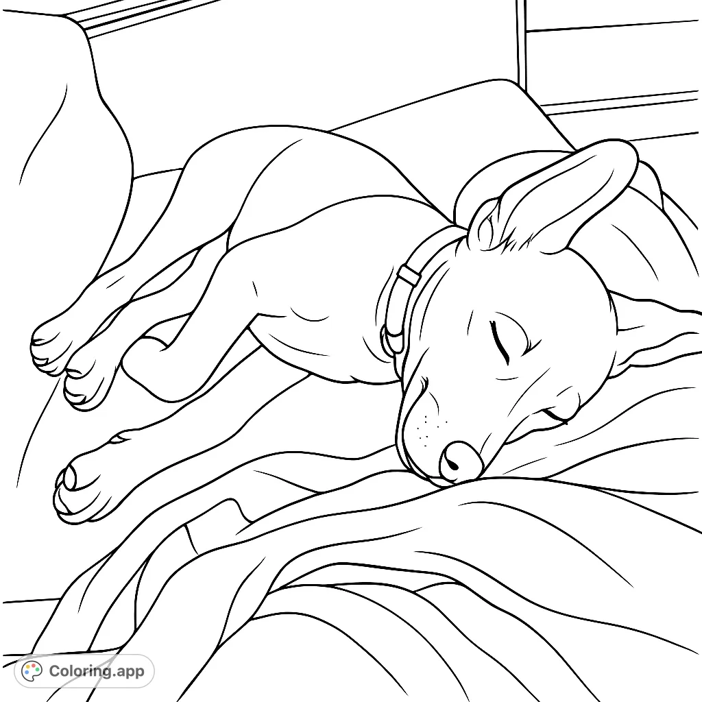 A heartwarming sleeping puppy coloring page, perfect for relaxation. Features a cozy dog nestled on a sofa with a soft blanket, inviting peaceful coloring.