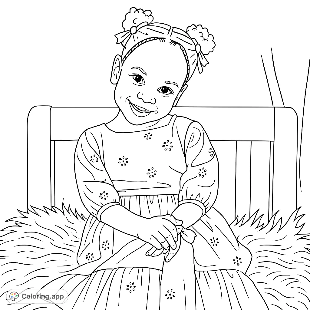A delightful coloring page featuring a sweet child sitting on a textured bench, wearing a patterned dress and decorative hair ties. Perfect for young artists.
