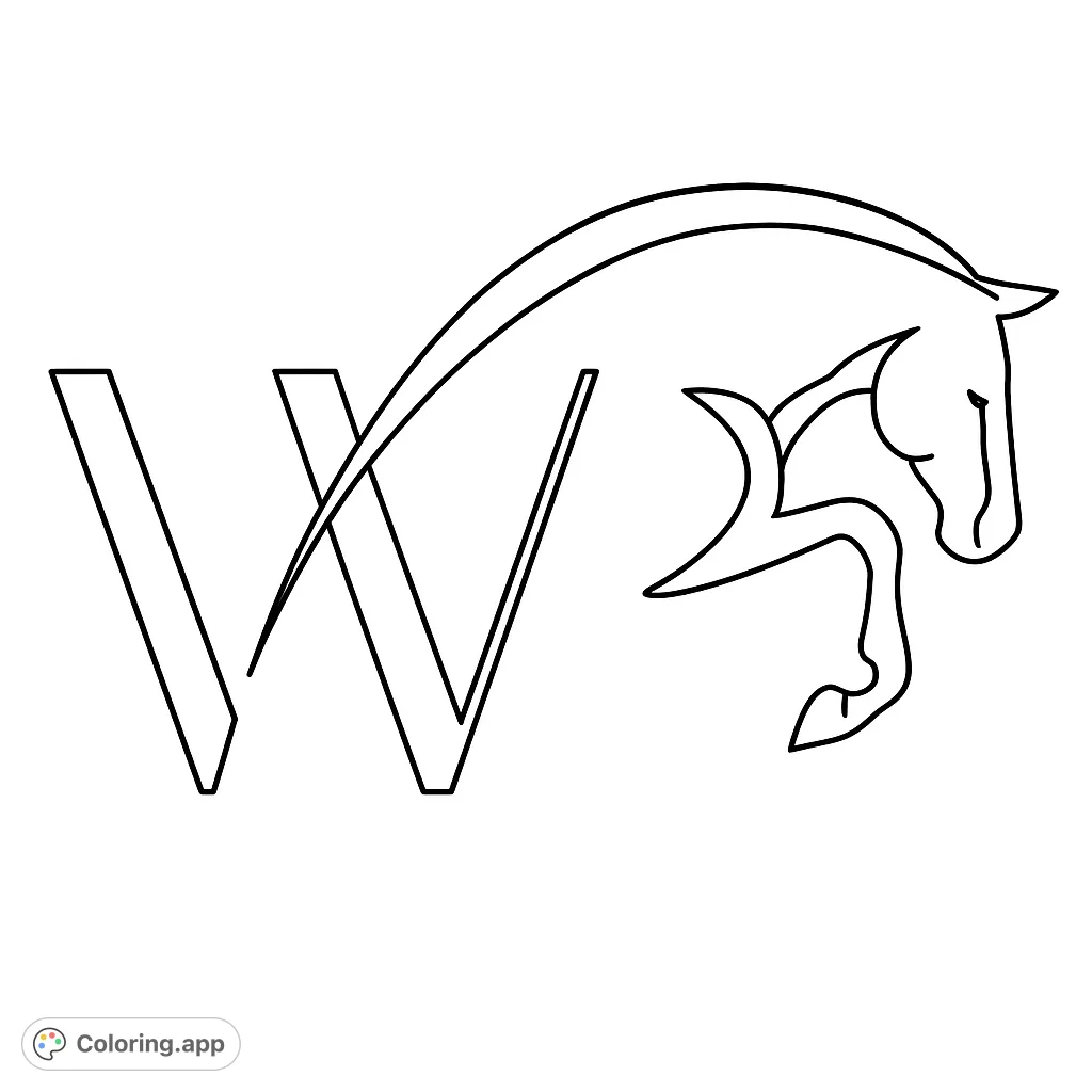 A unique coloring page featuring a stylized horse head gracefully combined with the bold letter 'W', perfect for personalizing or learning.
