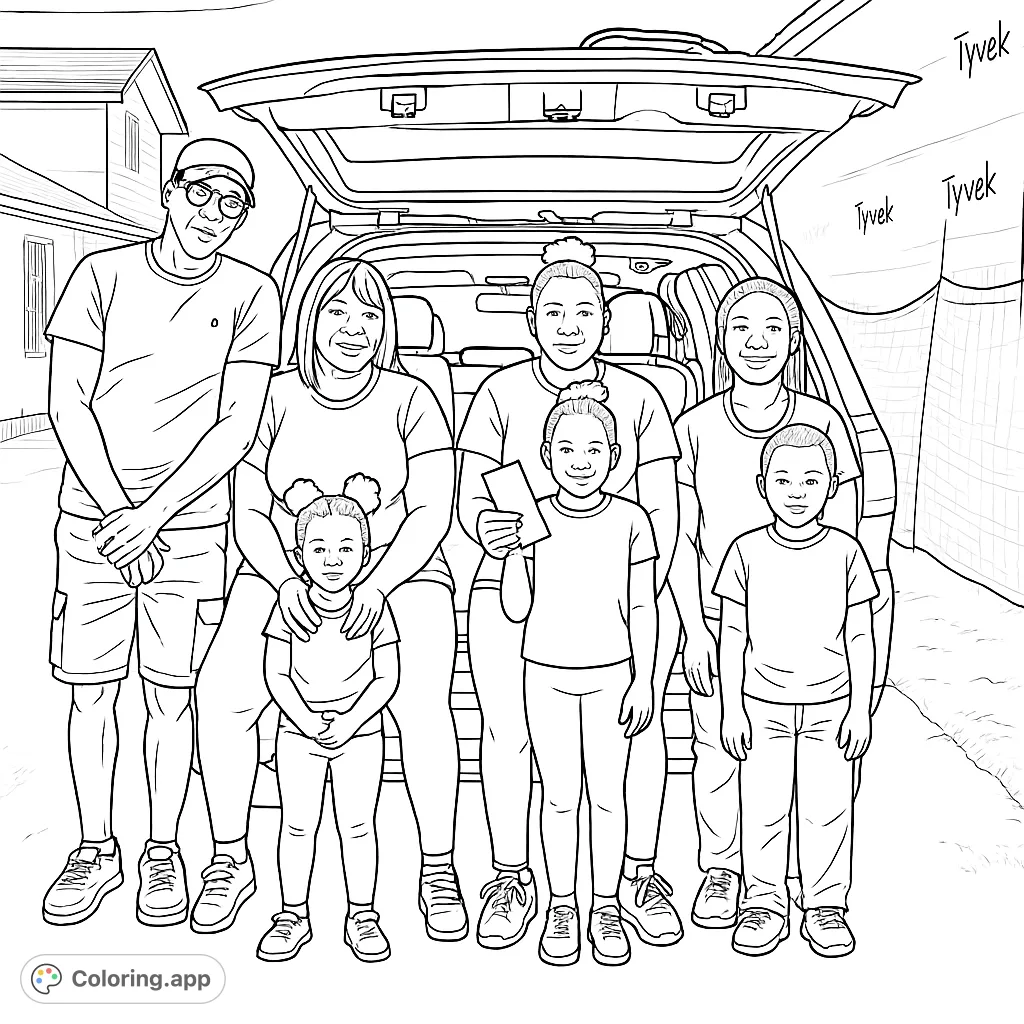 A heartwarming family portrait featuring adults and children gathered around an open vehicle, perfect for a personalized coloring experience.