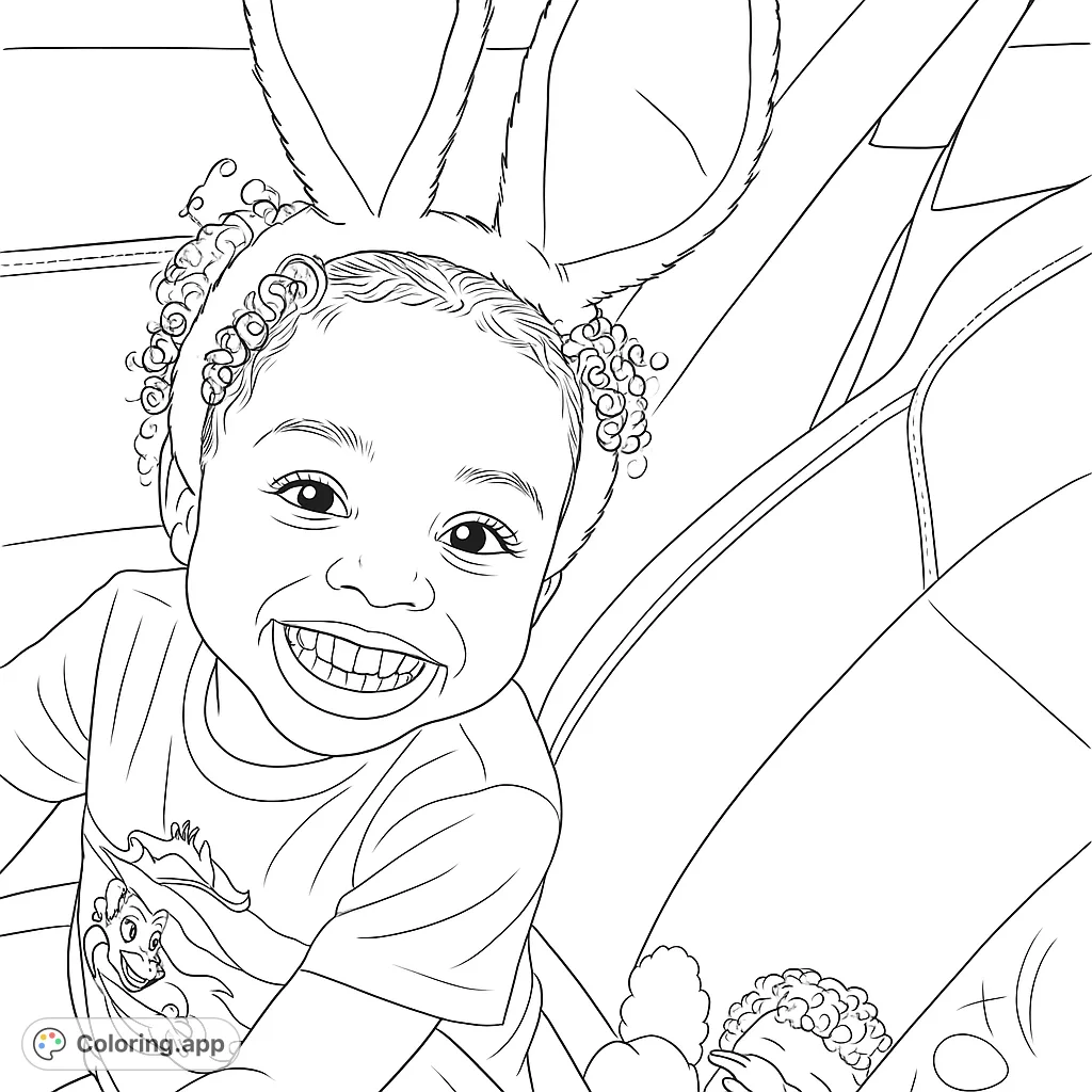 A delightful coloring page featuring a happy child wearing festive bunny ears in a car, ready for a fun adventure. Perfect for spring and Easter celebrations.