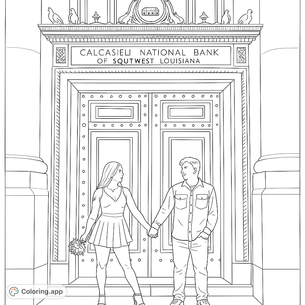 A romantic scene featuring a couple holding hands in front of a majestic, intricately detailed building entrance, perfect for a love-themed coloring page.