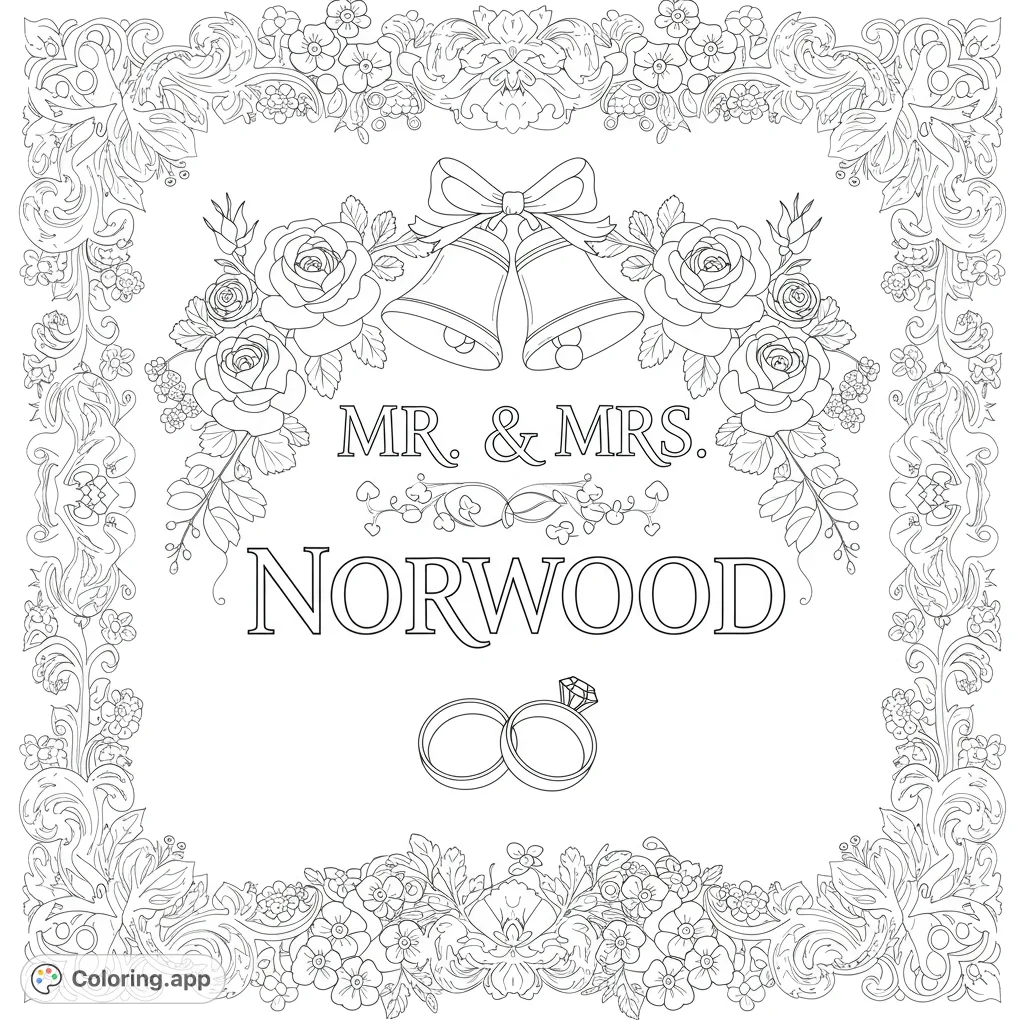 Celebrate love with this elegant Mr. & Mrs. Norwood wedding coloring page, featuring intricate flowers, wedding bells, and rings. Perfect for all ages!