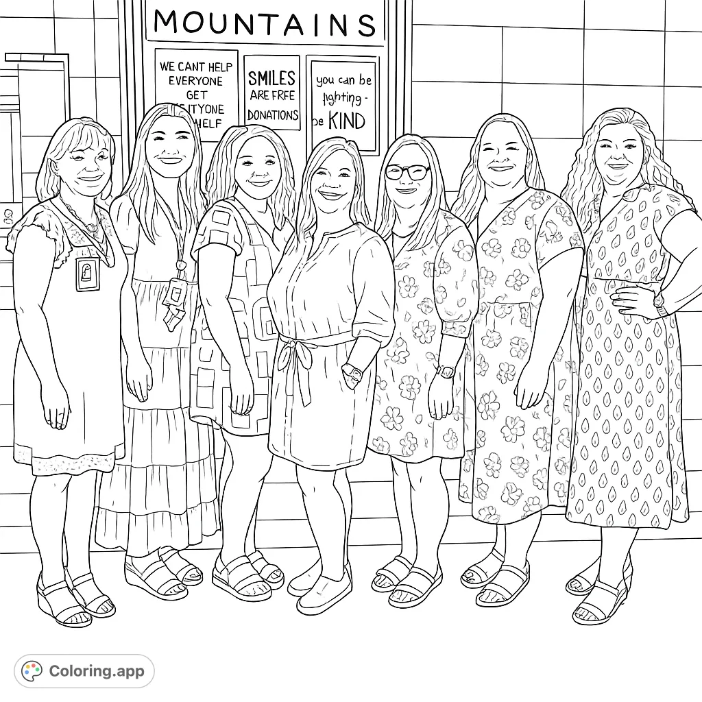 A delightful group of women standing together in a school hallway, ready for you to bring their diverse patterns and cheerful expressions to life.