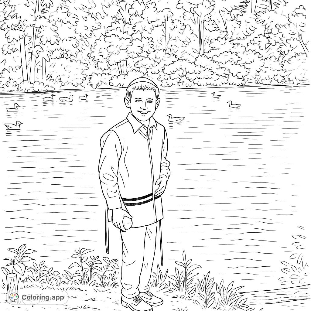 A young boy in traditional attire by a serene river, surrounded by nature and waterfowl. Perfect for a meaningful coloring experience.