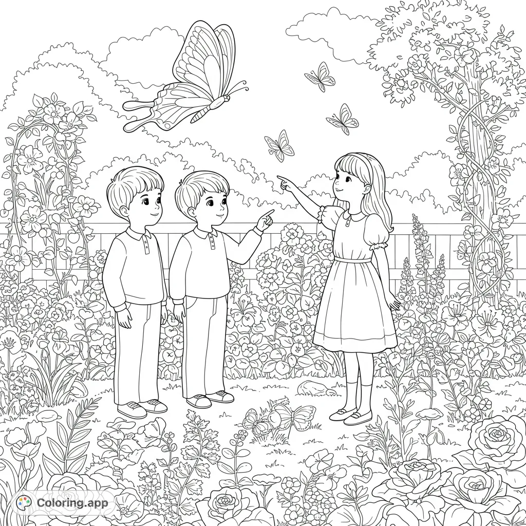 A delightful garden scene featuring three children surrounded by graceful butterflies, perfect for a serene and engaging coloring experience.