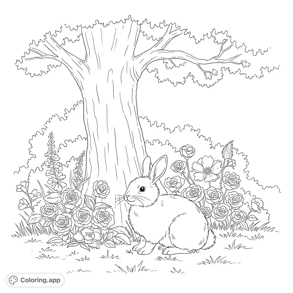 A charming rabbit sits peacefully among blooming flowers beside a grand tree, bathed in warm sunlight. A delightful nature scene for coloring.