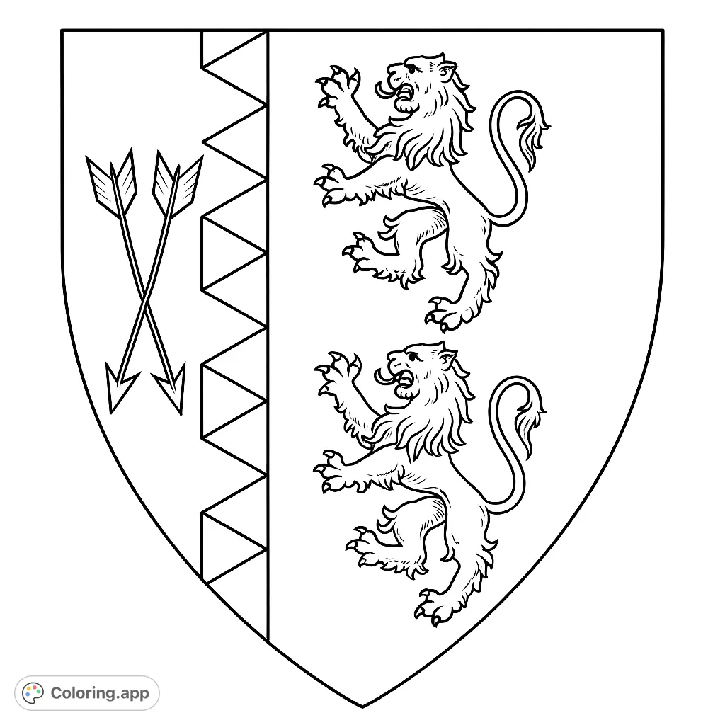 Explore a classic heraldic shield featuring two majestic rampant lions and crossed arrows. A detailed design perfect for history enthusiasts and aspiring artists.